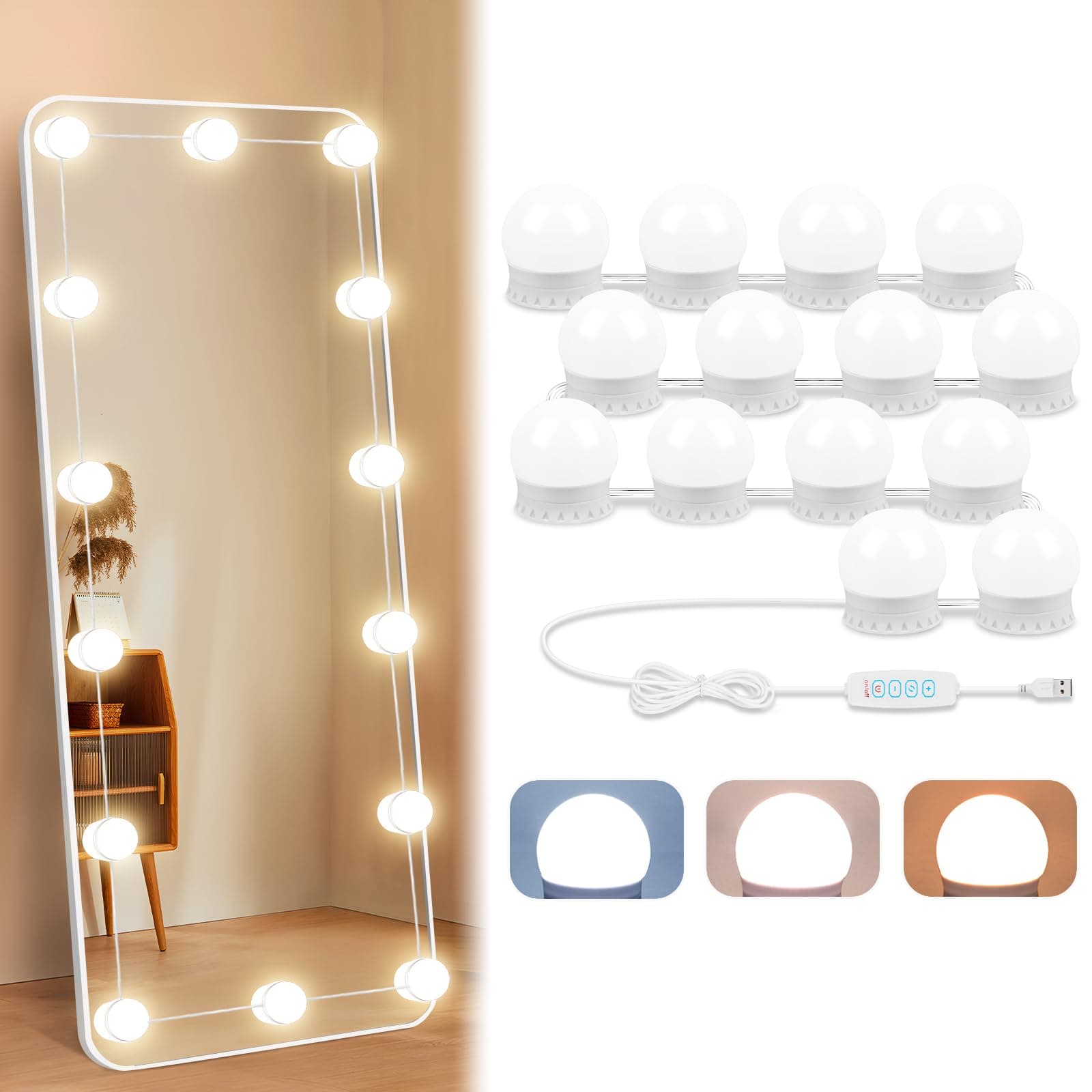 LED Vanity Lights For Mirror with 14 Dimmable Bulbs, Vanity Lights Stick on, 3000K 4000K 6500K & 10 Level Brightness Adjustable, USB Cable, Hollywood Mirror Lights for Makeup Dressing Room Bathroom