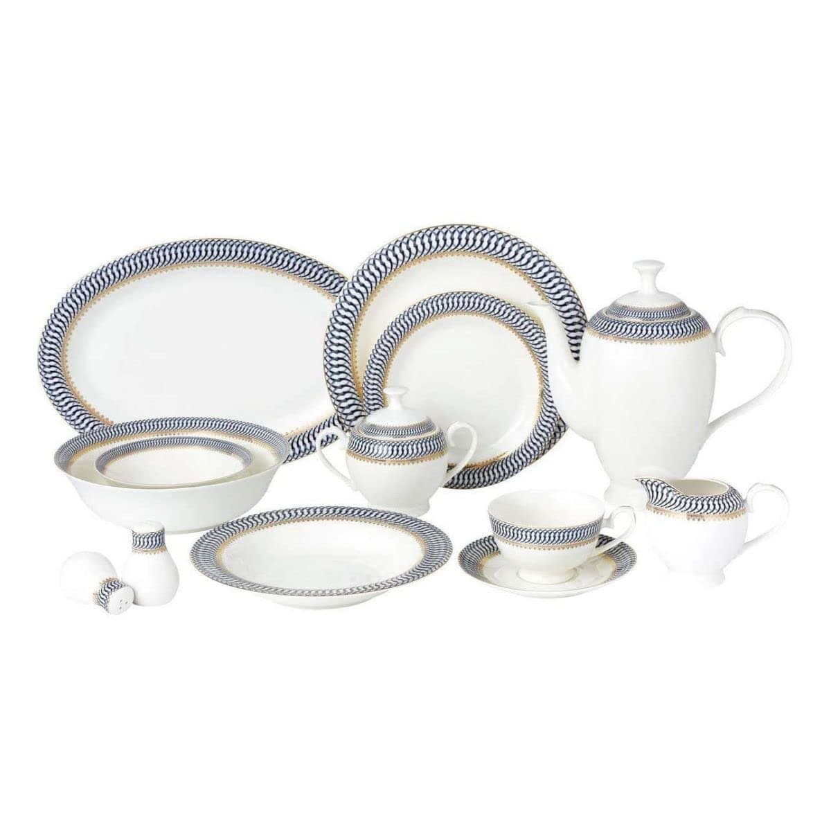 Lorren Home Trends Sapphire-57 57 Piece Dinnerware Set-Bone China Service for 8 People-Sapphire, One Size, Multicolor