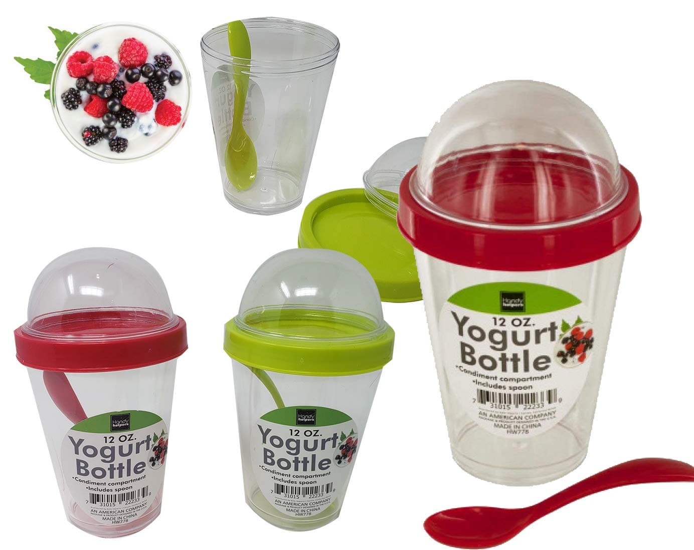 Yogurt Cup Reusable 12 oz. with Lid Top Compartment & Spoon | Cereal, Granola & Fruit (4 Pack)