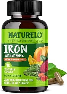 NATURELO Vegan Iron Supplement with Vitamin C and Organic Whole Foods - Gentle Iron Pills for Women & Men with Iron Deficiency Including Pregnancy, Anemia and Vegan Diets - 90 Mini Capsules