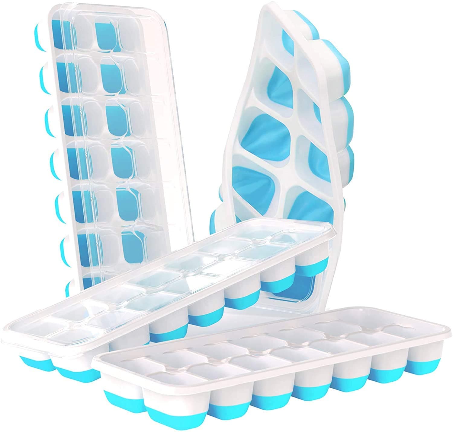Coolbaby Ice Cube Trays 4 Pack, Easy Release Silicone & Flexible 14 Ice Cube Trays With Spill Resistant Removable Lid, For Cocktail, Freezer, Stackable Ice Trays With Coversblue）, Yly2005-1
