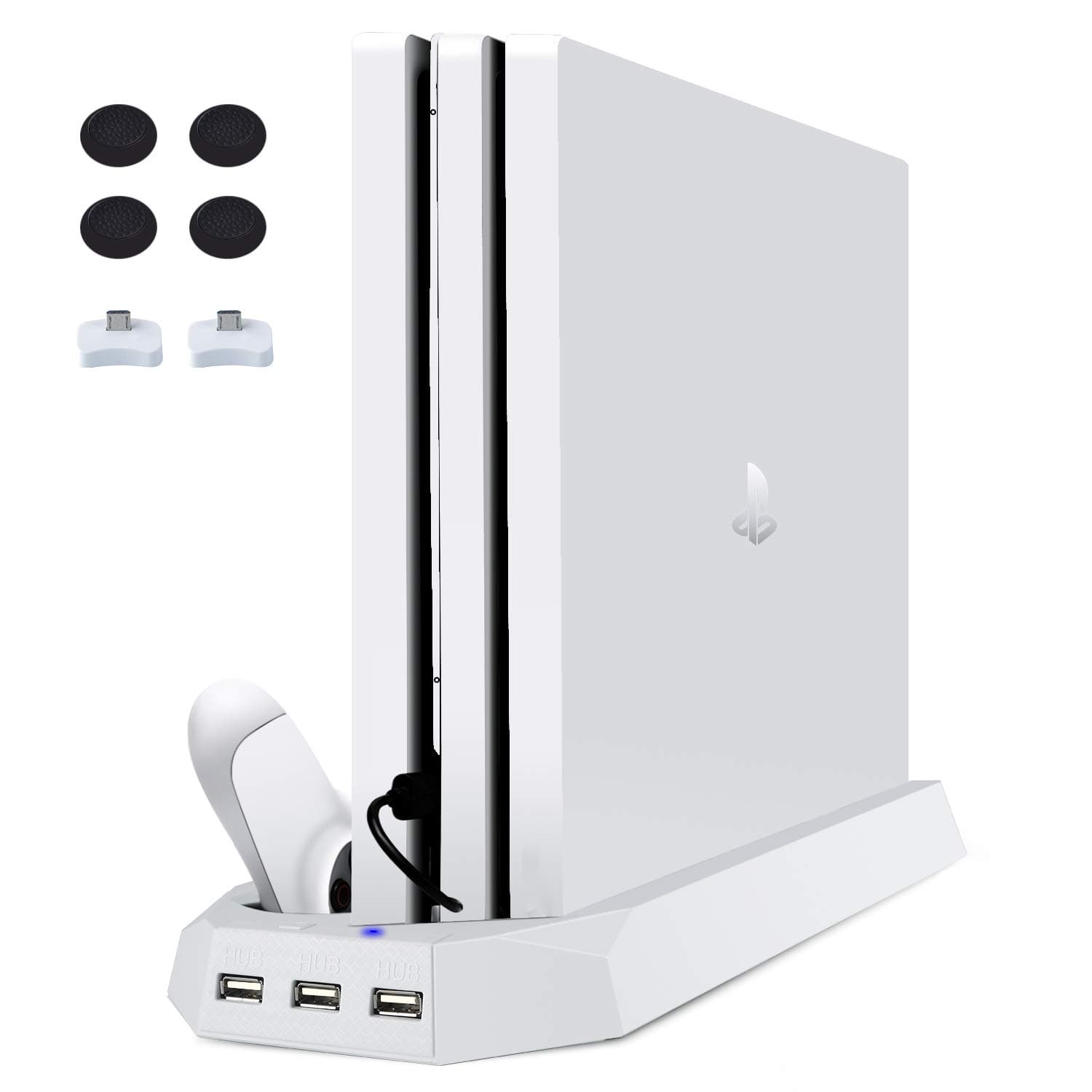 FlexDin PS4 Pro Vertical Stand with Dual Cooling Fan, Controller Charging Station, 3 USB Ports for Playstation 4 Console - White