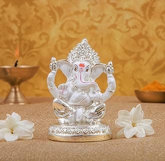 Gold Art India Ceramic 7X4X4 Cm, Silver And White Ganesh Idol For Car Dashboard Small Ganesha Murti Ganpati Idol For Home Decor Puja Lord Ganesh Statue Gift For Office Desk Puja Room Figurine