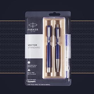 Parker Vector Standard Chrome Trim Roller Ball Pen + Ball Pen| Blue Body Color| Ink Color - Blue | Gift For Employees | Unique Gifts For Entrepreneur