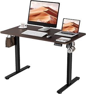ERGOMAKER Electric Standing Desk, 110 x 60 cm Height Adjustable Sit Stand Desk with Splice Board for Home Office, Computer Table Memory Preset (Black Frame, Walnut Desktop)
