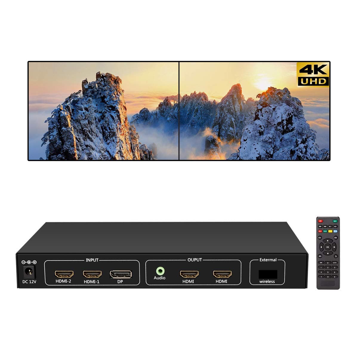 4K Video Wall Controller, 1x2 TV Wall Processor Input Support 3840x2160@60HZ /30HZ DP1.2 Signal, Support Each Output 1920x1080/60HZ, Real 4K Resolution