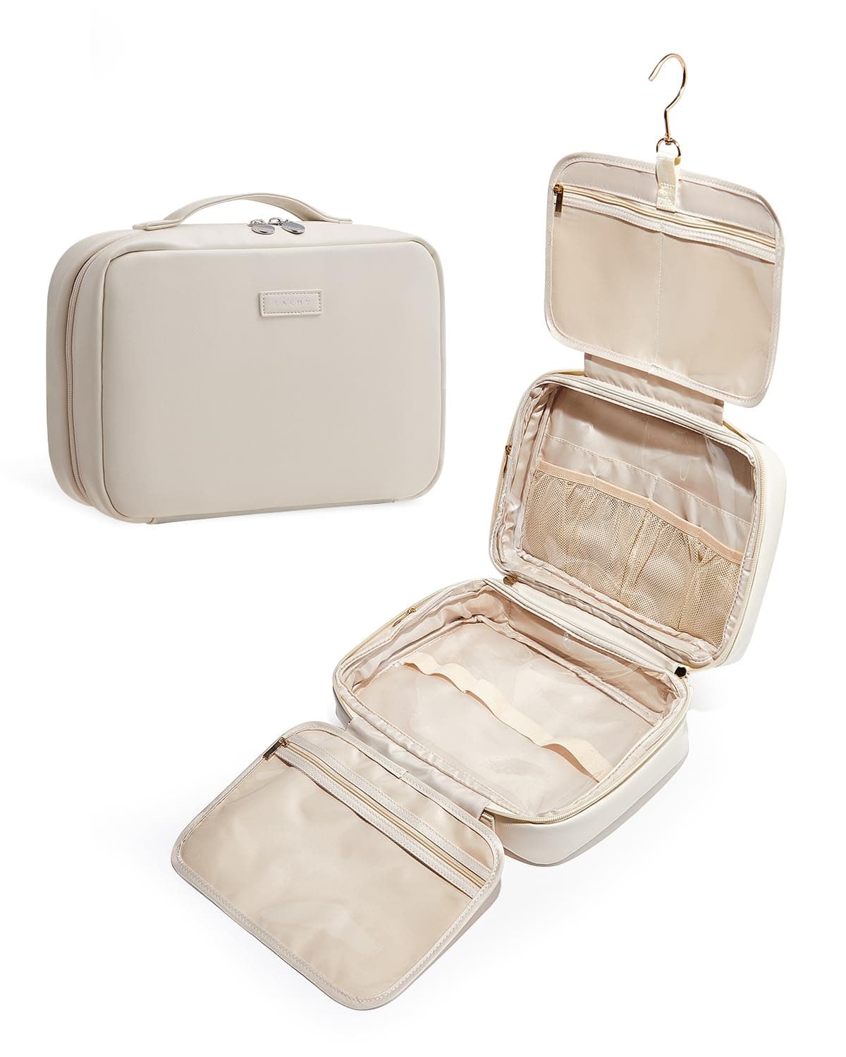 EACHY Toiletry Bag with Hanging Hook, Travel Makeup Bag PU Leather Cosmetic Bags for Women Make Up Organizer with 4 Compartments Waterproof Full-Size Portable Travel Essentials (Beige)