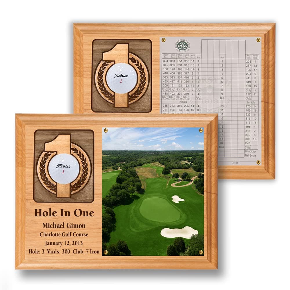 Hole in One Wall Mounted Plaque | Display Your Golf Ball and Scorecard or Photo w/ Acrylic Cover | Personalized Laser Etching | Natural Wood Finish | Vertical Layout