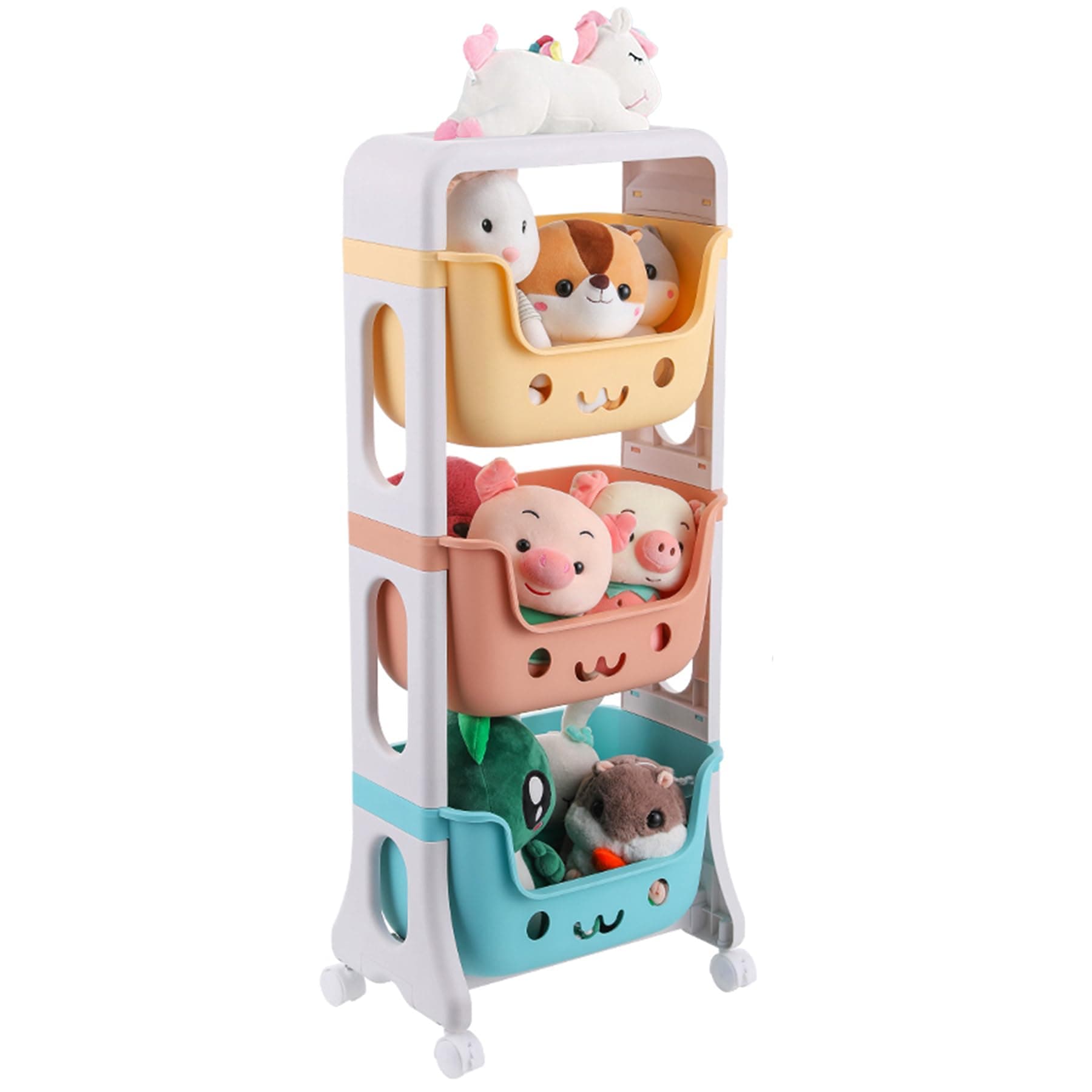 Kids Toy Storage Organizer 3-Tier Stackable Rolling Cart,Playful Colors Smiley Children Playroom Decor Doll Activity Rack Shelf Plastic Bins Box Mobile Move Everywhere with Caster Wheels