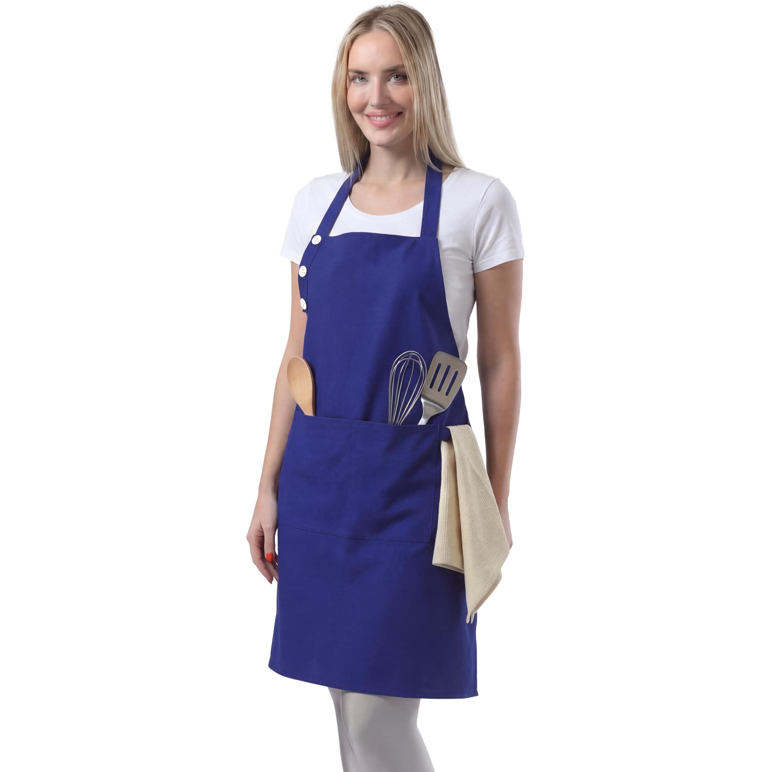 TOSHE Kitchen Apron Waterdrop Resistant Cotton Apron with adjustable Aprons for Women with Pockets 10 Color option Cooking Blue Apron (Navy Blue)