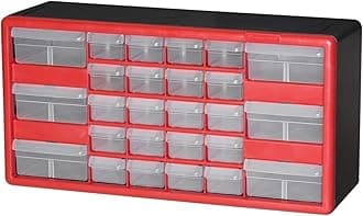 26-Drawer Plastic Drawer Storage Cabinet for Garage Organization, Bead Organizer, Building Bricks Storage, Teacher Toolbox, Makeup Organizer, 20" W x 6" D x 10" H, 10126 Red