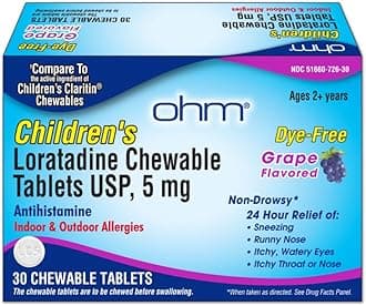 - Children's Allergy Medicine, Loratadine 5mg, Chewable Tablets (30 Count) Grape Flavor, Non-Drowsy Antihistamine, 24-Hour Allergy Relief for Runny Nose, Watery Eyes, Itchy Throat & Nose