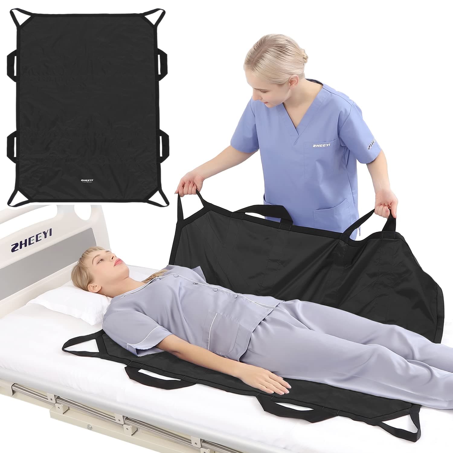 Multipurpose 43" x 36" Positioning Bed Pad with Reinforced Handles - Reusable & Washable Patient Sheet for Turning, Lifting & Repositioning - Double-Sided Nylon Fabric, Black