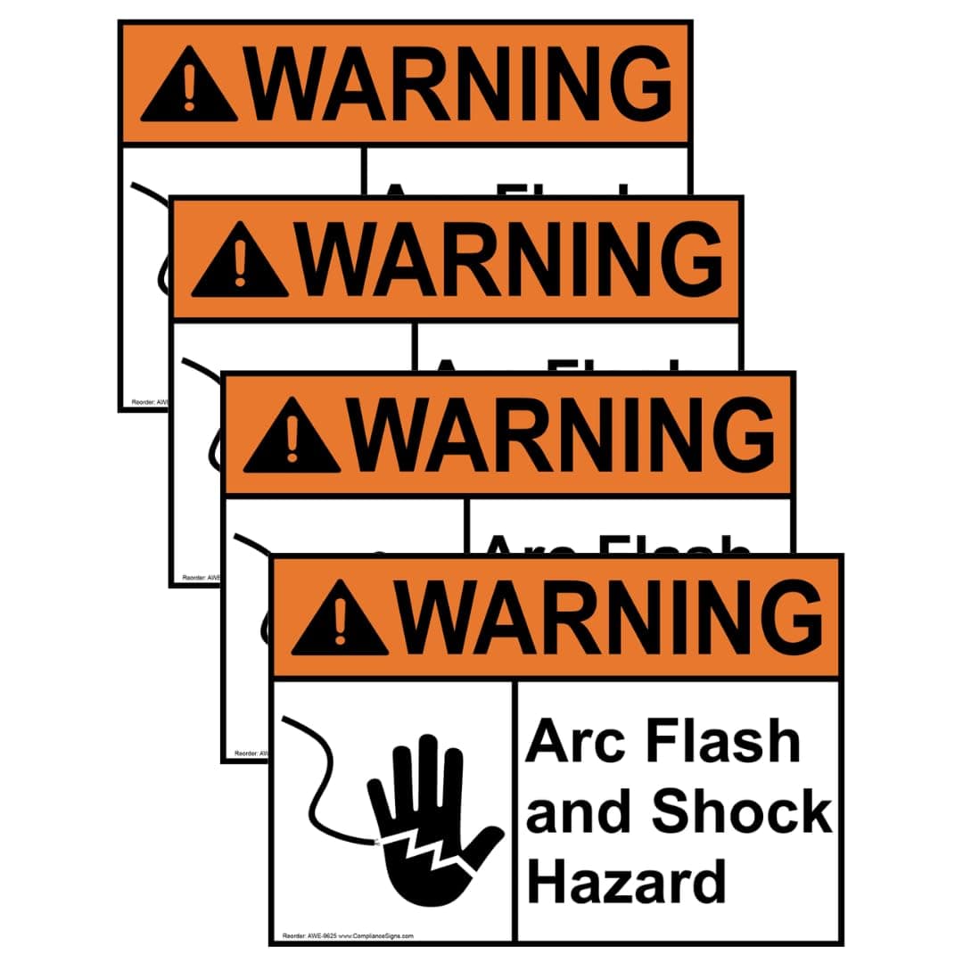 ComplianceSigns.com Warning Arc Flash and Shock Hazard ANSI Safety Label Decal, 5x3.5 inch 4-Pack Vinyl for Electrical