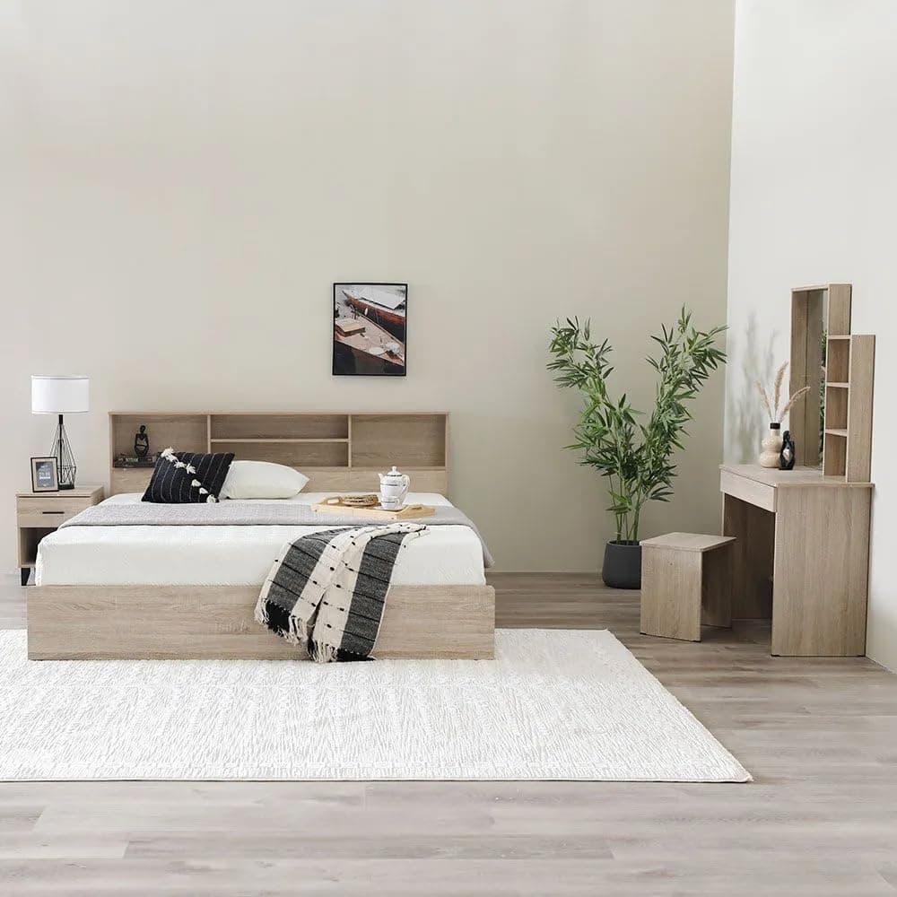 Danube Home Gamorah 5 Pieces Bed Set King Size + Night Stand + Dresser And Stool With Mirror | Comfortable Bedset Full | Sturdy Modern Design Wooden Bed Room Set Furnitures (Sonoma Oak, King)