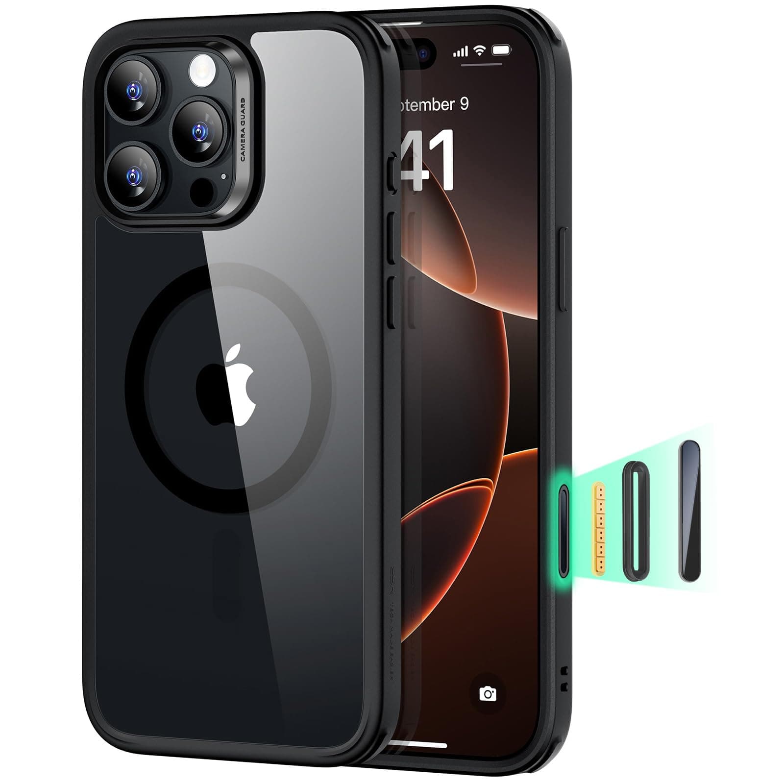 for iPhone 16 Pro Max Case, Compatible with MagSafe, Shockproof Military-Grade Protection, Magnetic Phone Case for iPhone 16 Pro Max, Classic Hybrid Case (HaloLock), Clear Black