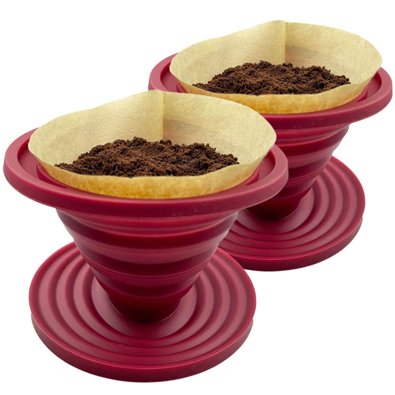 2 Pieces Attsky Collapsible Pour Over Coffee Dripper for Camp Coffee, Reusable Silicone Coffee Filter Holder for Camping Red