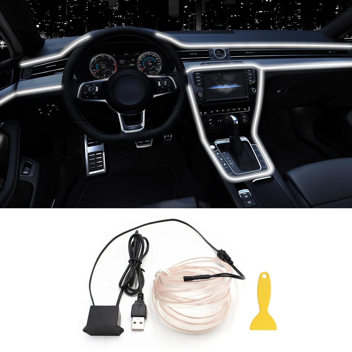 EL Wire Interior Car LED Strip Lights, 16.5FT USB Neon Glowing Strobing Electroluminescent Wire Lights with 6mm Sewing Edge, Ambient Lighting Kits for Car Indoor Decoration (White)