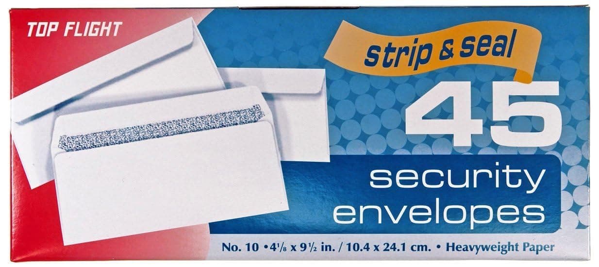 Top Flight Number 10 Boxed Security Envelopes, Strip and Seal Closure, 4 1/8 x 9 1/2 Inches, White, 45 Envelopes per Box (6900120)