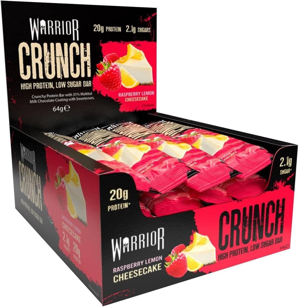Warrior Crunch High Protein Low Carb Bar, 64g, Raspberry Lemon Cheesecake, Pack of 12