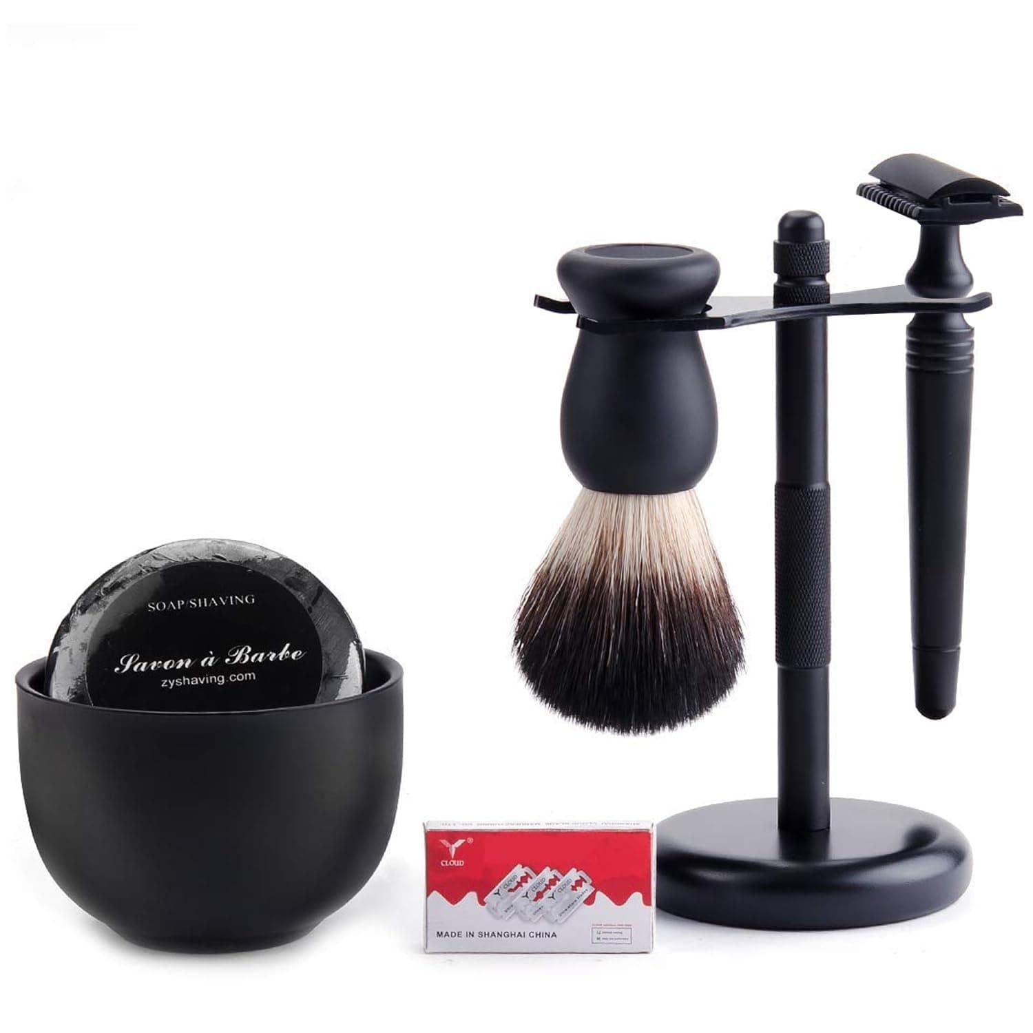 Shaving Razor Kit Double Edage Safety Razor 2 Layers Stainless Steel Shaving Mug Shaving Soap Cream Synthetic Shaving Brush Heavy Chrome Shaving Stand Black Shaving Razor Gift for Men