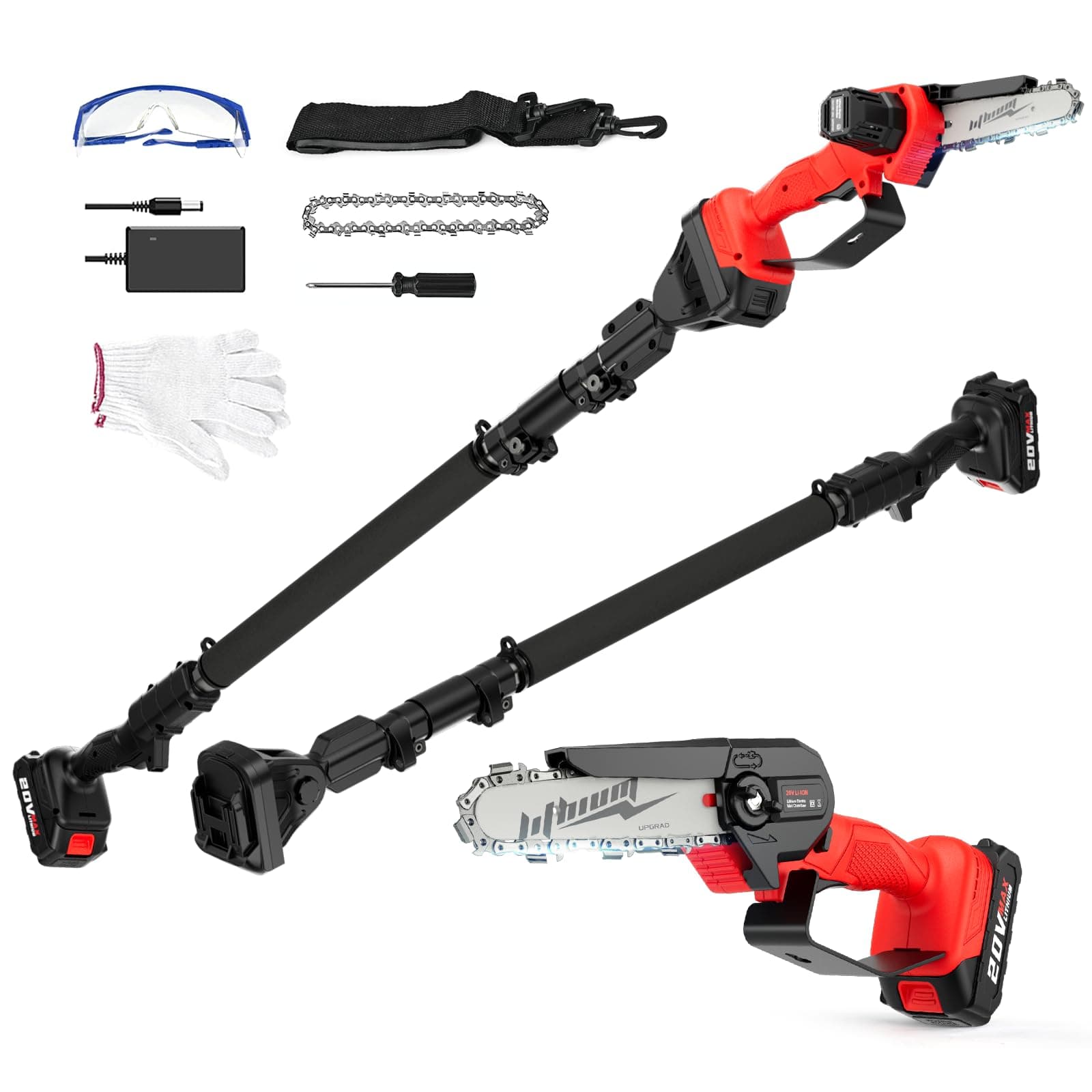 Cordless Pole Saw, 2-in-1 6" Battery Powered Pole Saws for Tree Trimming, 20V 2.0Ah Battery Mini Chainsaw with Pole, 15ft Reach Small Pole Saw for Wood Cutting, Trimming