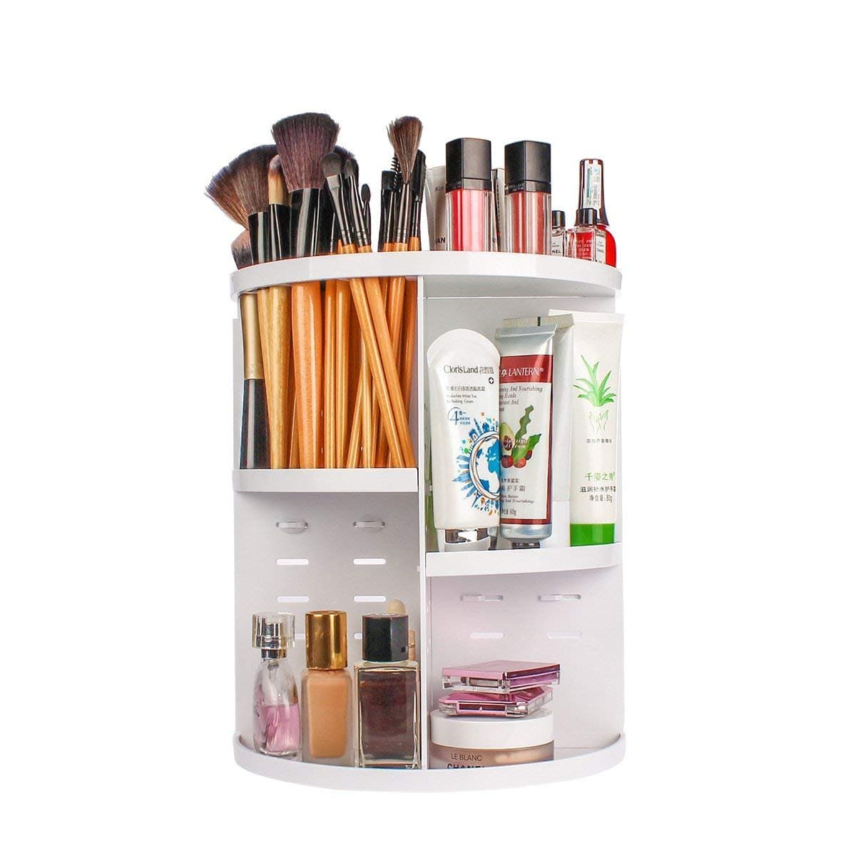 chfine Rotating Makeup Organiser, DIY 360 Adjustable Makeup Storage, Large Capacity Make up Caddy Shelf Cosmetics Organizer Box For Dresser, Bedroom, Bathroom -White