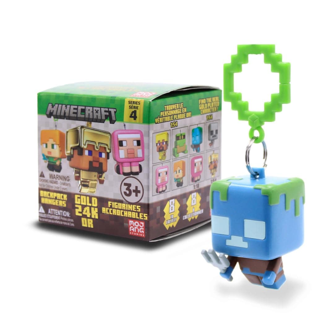 Minecraft Backpack Hangers Series 4 Collectible Keychains – Blind Box Mini Figures with 8 Fun Characters Including Steve, Alex, Skeleton, Frog, Sheep & Gold Variants – Kids Toys, Gift Accessories