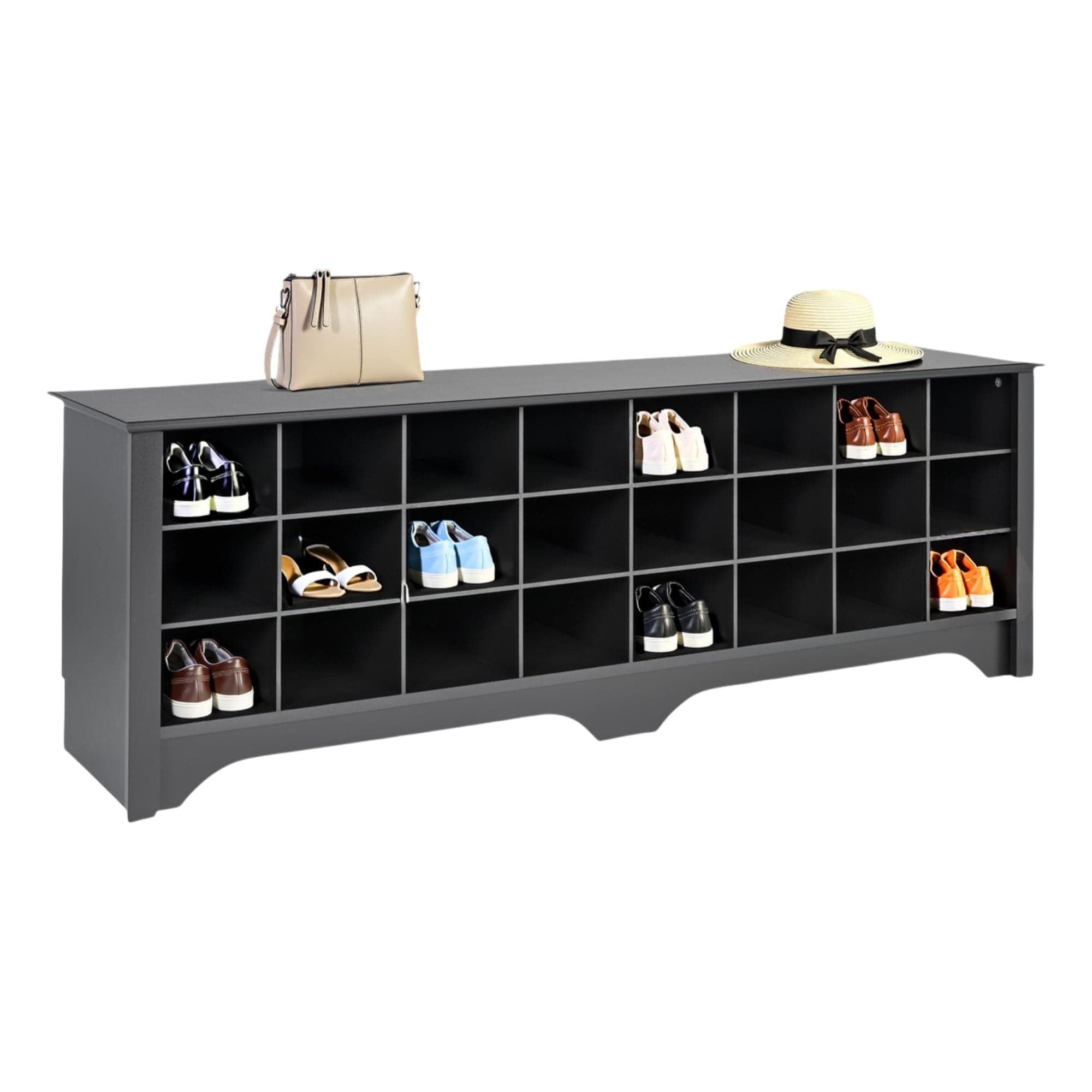 24 Pair Shoe Cubby Bench, Entryway Bench, Mud Room Organization and Storage Bench for up to 24 Pairs of Shoes, Black, 15.5"D x 60"W x 20.25"H