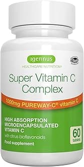 Igennus Super Vitamin C Complex 1000mg, High Absorption 24-Hour Action Pureway-C, Clean Ingredients, Non-Acidic & Gentle, Vegan, 60 One-A-Day Tablets