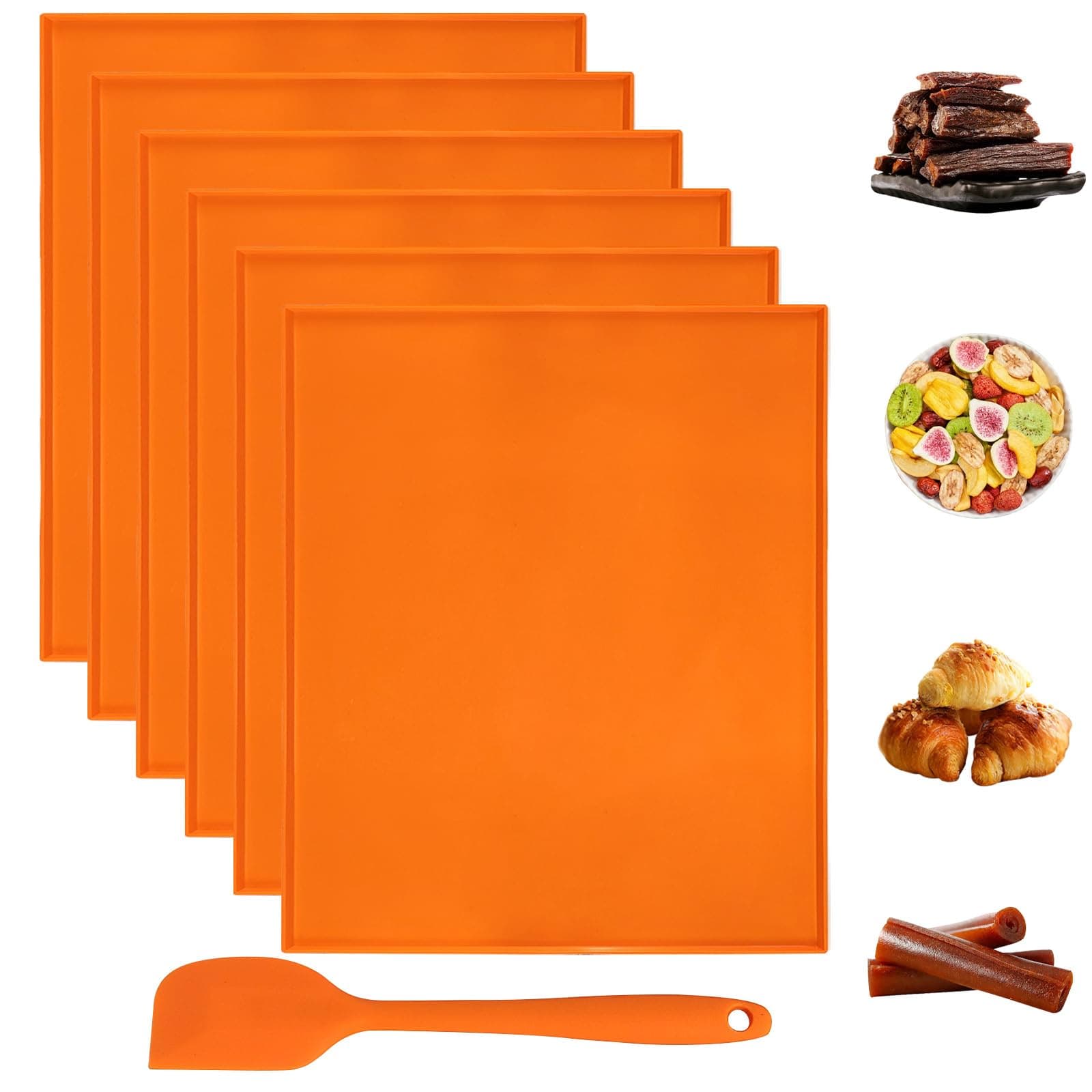 Rainmae6Pcs Silicone Dehydrator Mats with Edge, Non-stick Dehydrator Sheets, Compatible with Cosori CP267-FD, Rectangular, Orange