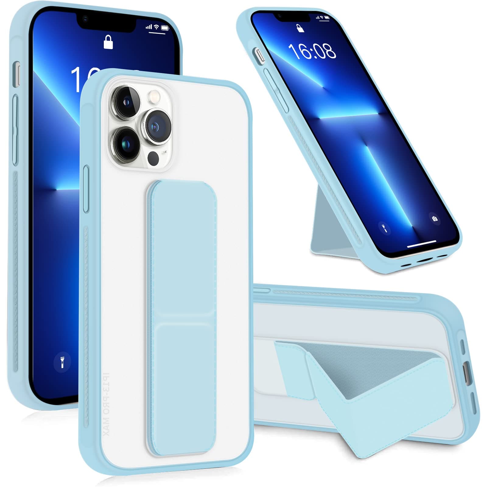 INFOSUN Phone Case, Compatible with Apple iPhone 13 Pro Translucent Frosted Back Stand Case, Magnet Holder Hand Grip Magnetic Car Mount Anti Scratch Cover for 13 Pro 6.1inch(Light Blue)