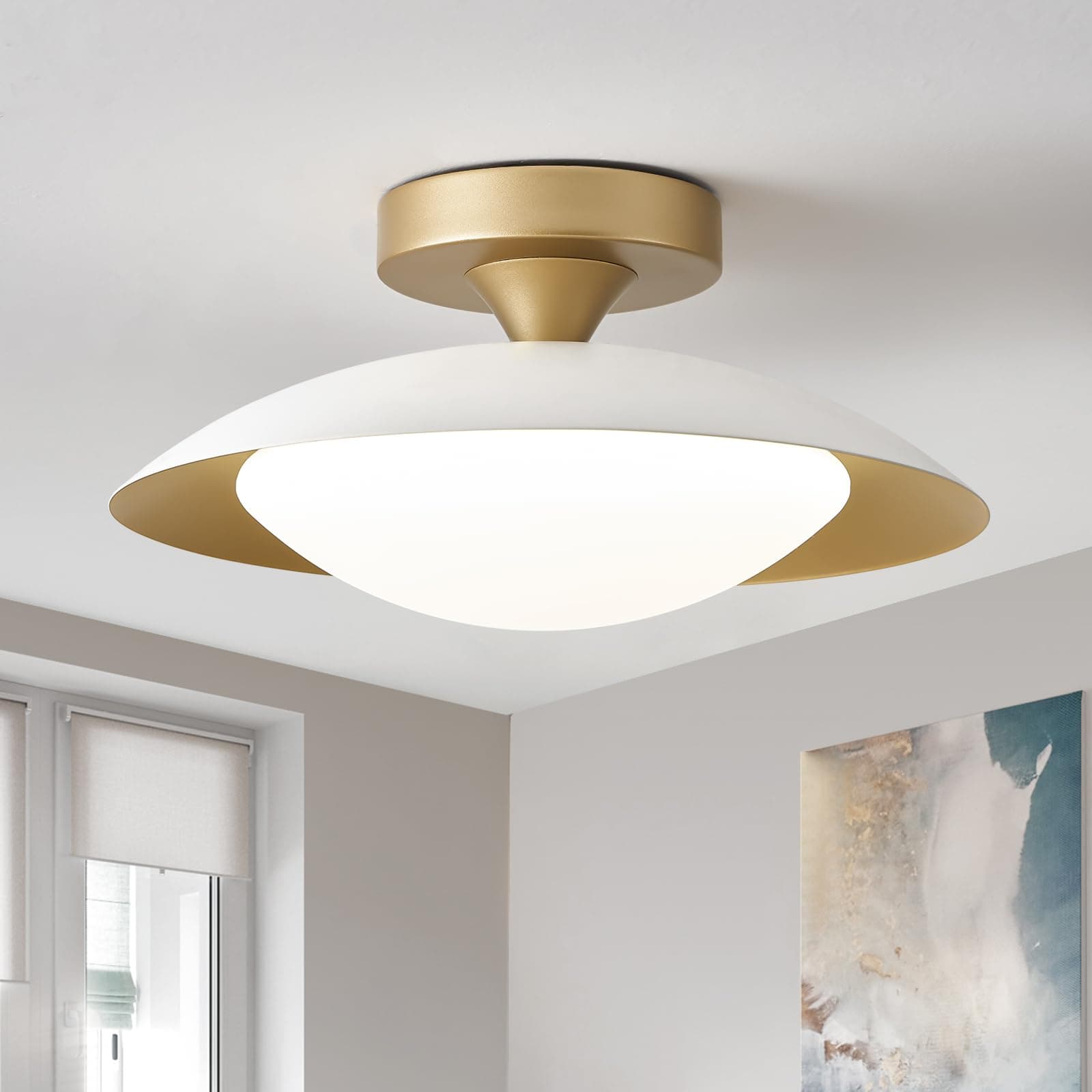 Small Dimmable Mid Century Modern Ceiling Light,5CCT LED White Gold Semi Flush Mount Ceiling Lamp,for Hallway Entryway Bedroom Laundry Room Kitchen Light Fixture 2700K-6000K,11.81 in