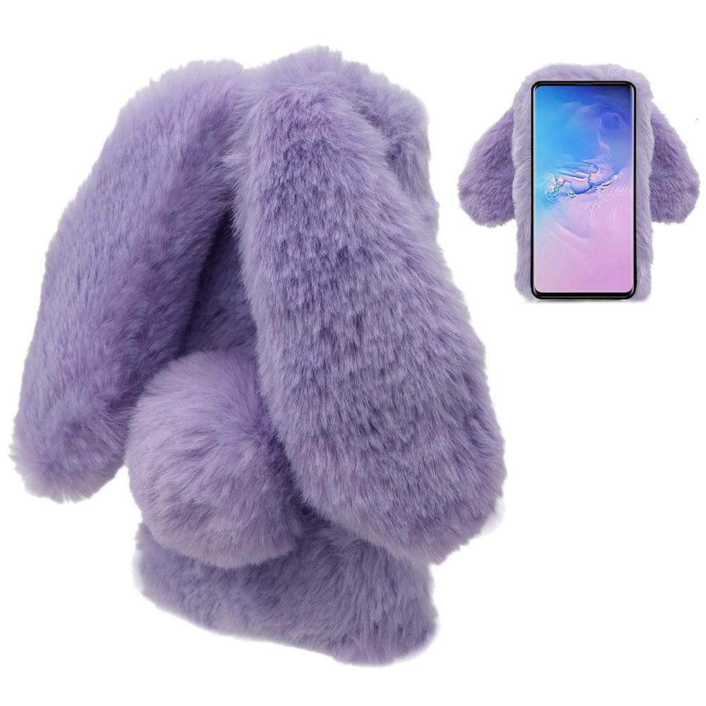 LCHDA for Samsung Galaxy A20 Case,for Samsung Galaxy A20 Rabbit Fur Case Bunny Ear Phone Case for Girls Fuzzy Cute Warm Winter Soft Furry Fluffy Ball Fur Hair Plush Protective TPU Bumper Cover-Purple