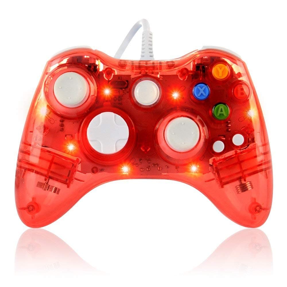 Wired Game Controller for Microsoft Xbox 360 Console/PC Windows7/8/10 - Transparent Colorfull LED Lights (Red)