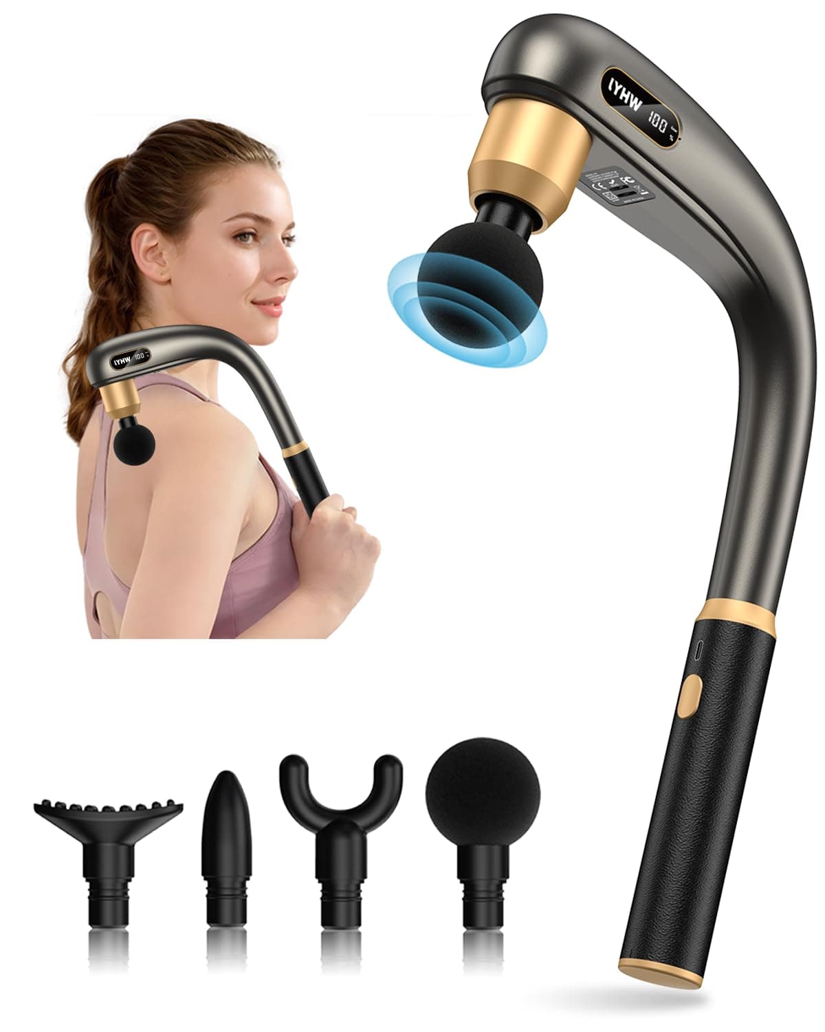Massage Gun Deep Tissue with Extended Handle, 12MM Handheld Electric Back Muscle Massager for Pain Relief, Quiet Percussion Massage Gun with LED Screen & 4 Massage Heads, 3 Modes & 5 Speed Levels