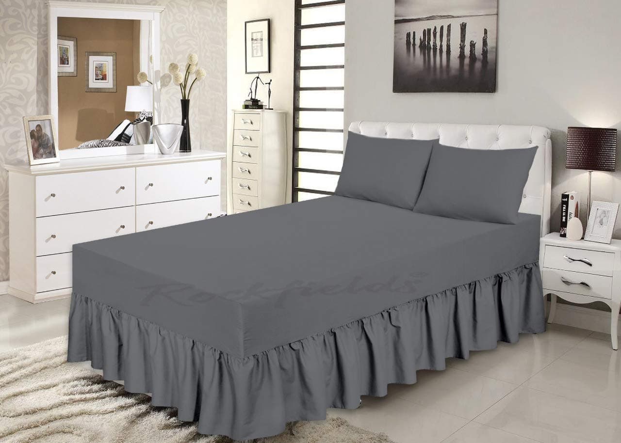 Rockfields Fitted Valance Sheet Frill 40 cm 16" Plain Dyed Solid Colour Easy Care Hotel Quality Percale Bedding Sizes (Grey - Double)