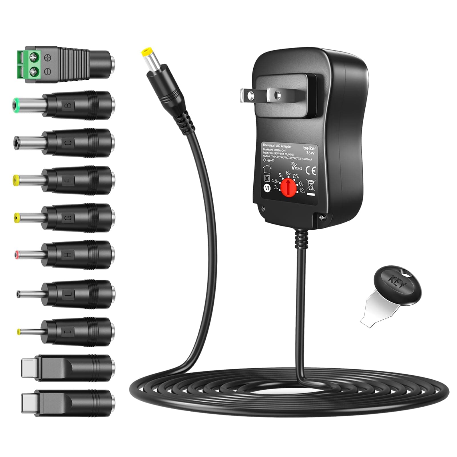 belker 30w multi voltage 3v 4.5v 5v 6v 7.5v 9v 12v 1a 2a 2.5a universal ac dc power adapter for household electronics devices routers, speakers, lcd, cctv cameras- Black