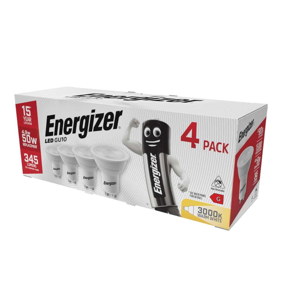 Energizer GU10 5W 50W Replacement LED Bulb 4 Pack (Warm White Non Dimmable)