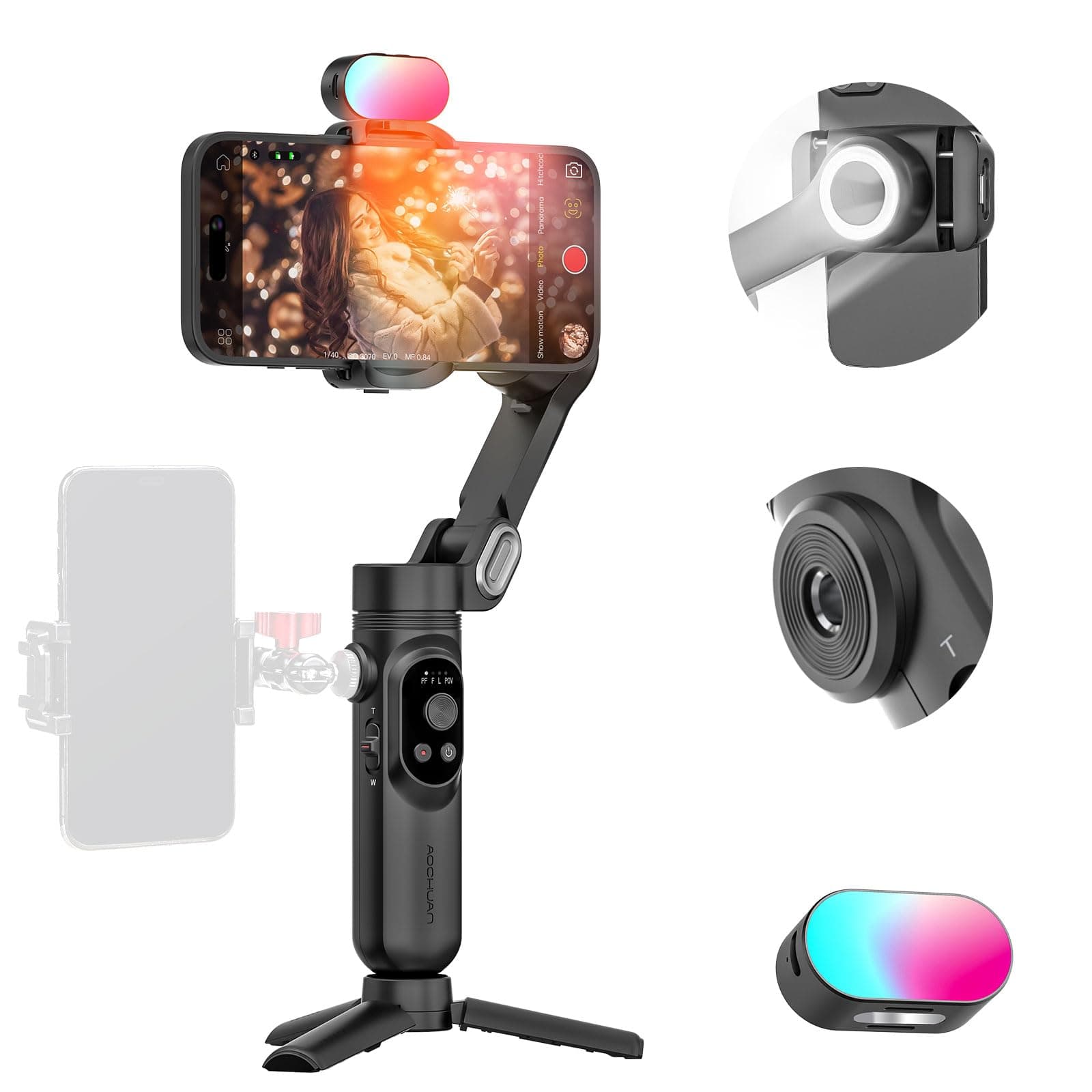 Handheld 3-axis Gimbal Stabilizer for iPhone&Android Smartphone Gimbal Anti-Shake w/ 1/4 Thread,RGB Magnetic Light,AI Tracking Phone Holder for Vlogging for TikTok,YouTube-Smart X Kit Black
