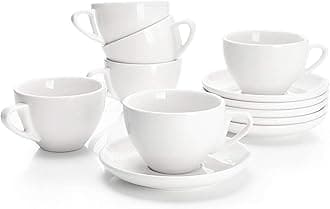 4306 Porcelain Cappuccino Cups with Saucers - 6 Ounce for Specialty Coffee Drinks, Latte, Cafe Mocha and Tea - Set of 6, White