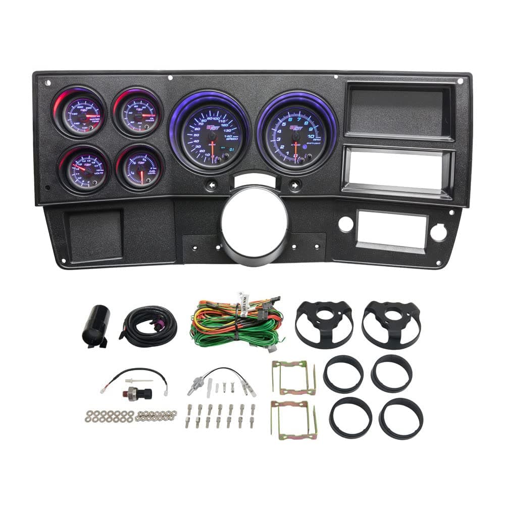 GlowShift 6-Gauge Cluster Package Compatible with Chevy C10 1973-1987 - Black 7 Color Speedometer, Tach, Oil Pressure, Water Coolant Temp, Fuel Level & Volt Gauges - Direct Fit Dashboard Panel Pod