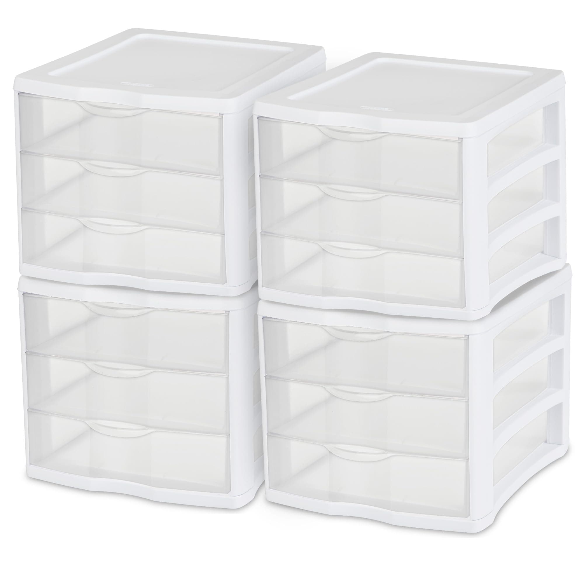 3 Drawer Desktop Storage Unit, Tabletop Organizer for Desk, Countertop at Home, Office, Bathroom, White with Clear Drawers, (Pack of 4)