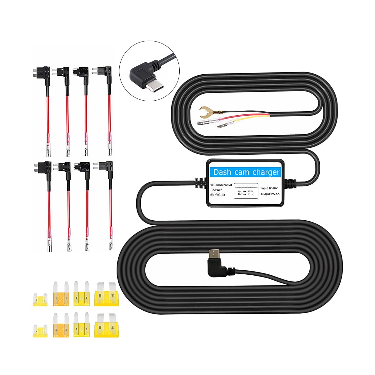 Bittwee Car Dash Cam Hardwire Kit, Type-C Vehicle Hard Wire Set Fuse for Dashcam, 12V-24V to 5V Auto Camera Charger Power Cord with Low Voltage Protection, Universal for Most Cars