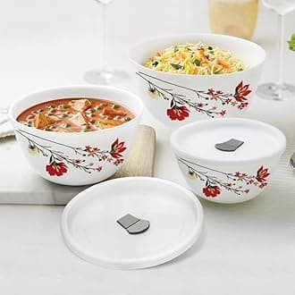 Larah by BOROSIL Chrys Red Set of 3 Mixing & Serving Bowls with Lids, Microwave Safe (500 ml, 1 L & 1.5 L), Toughened Opal Glass, for Serving, Re-Heating & Mixing