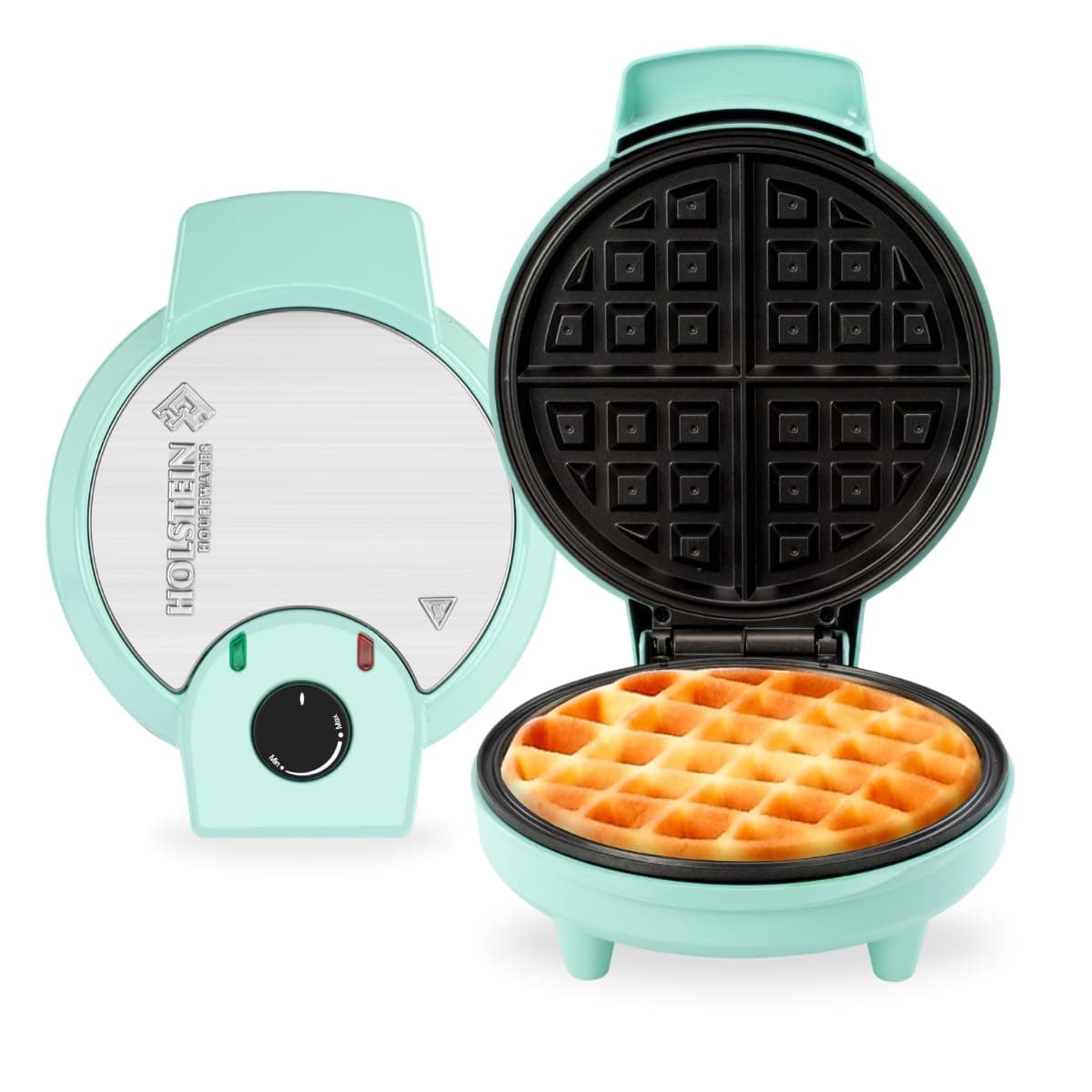 7” Belgian Waffle Maker with Non-Stick Coating, Mint/Stainless Steel - Delicious Waffles in Minutes for Everyday Meals
