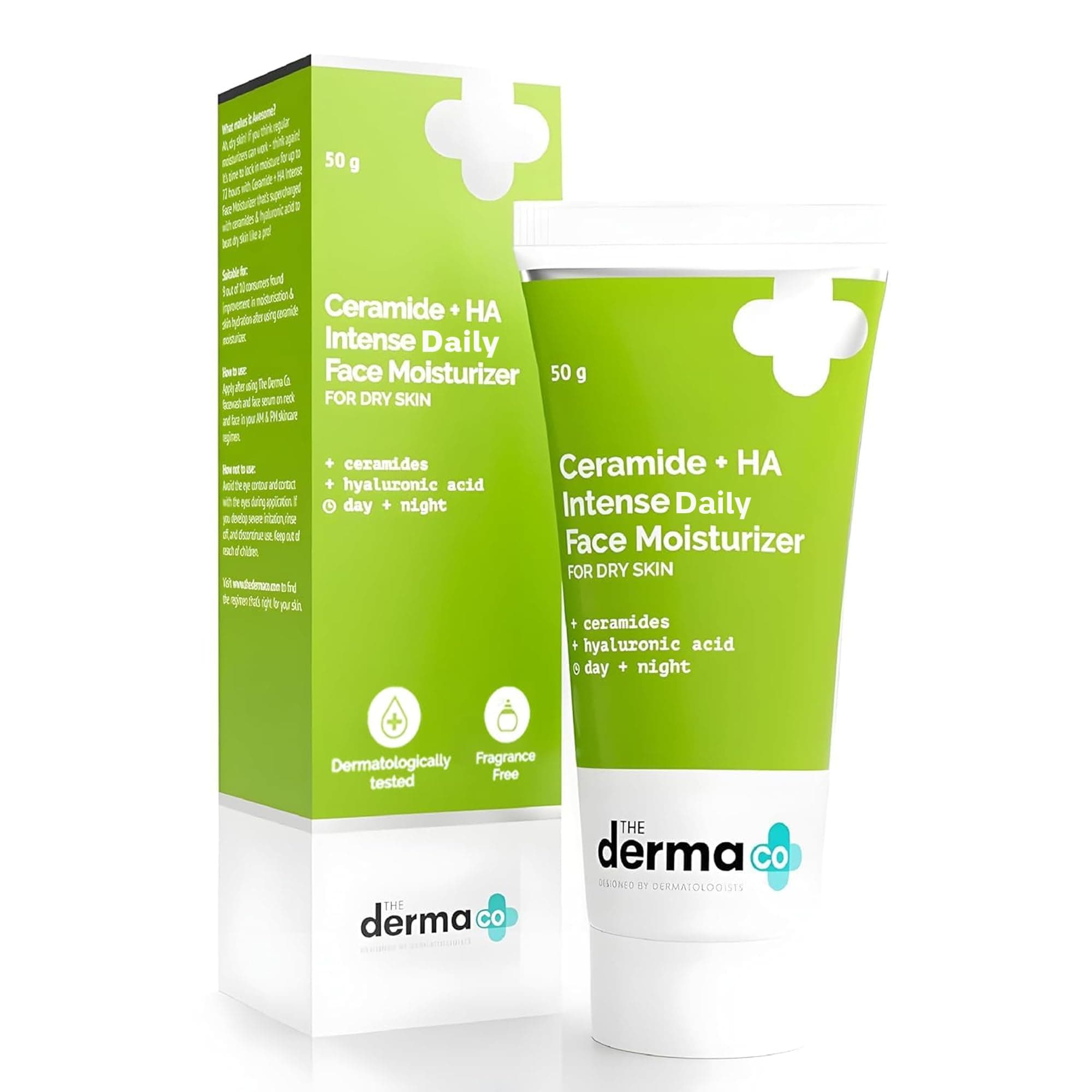 The Derma Co Ceramide + HA Daily Face Moisturizer | Long-Lasting Hydration & Moisture support | Fragrance-Free, Lightweight Face Cream | 1.76 Oz/50g