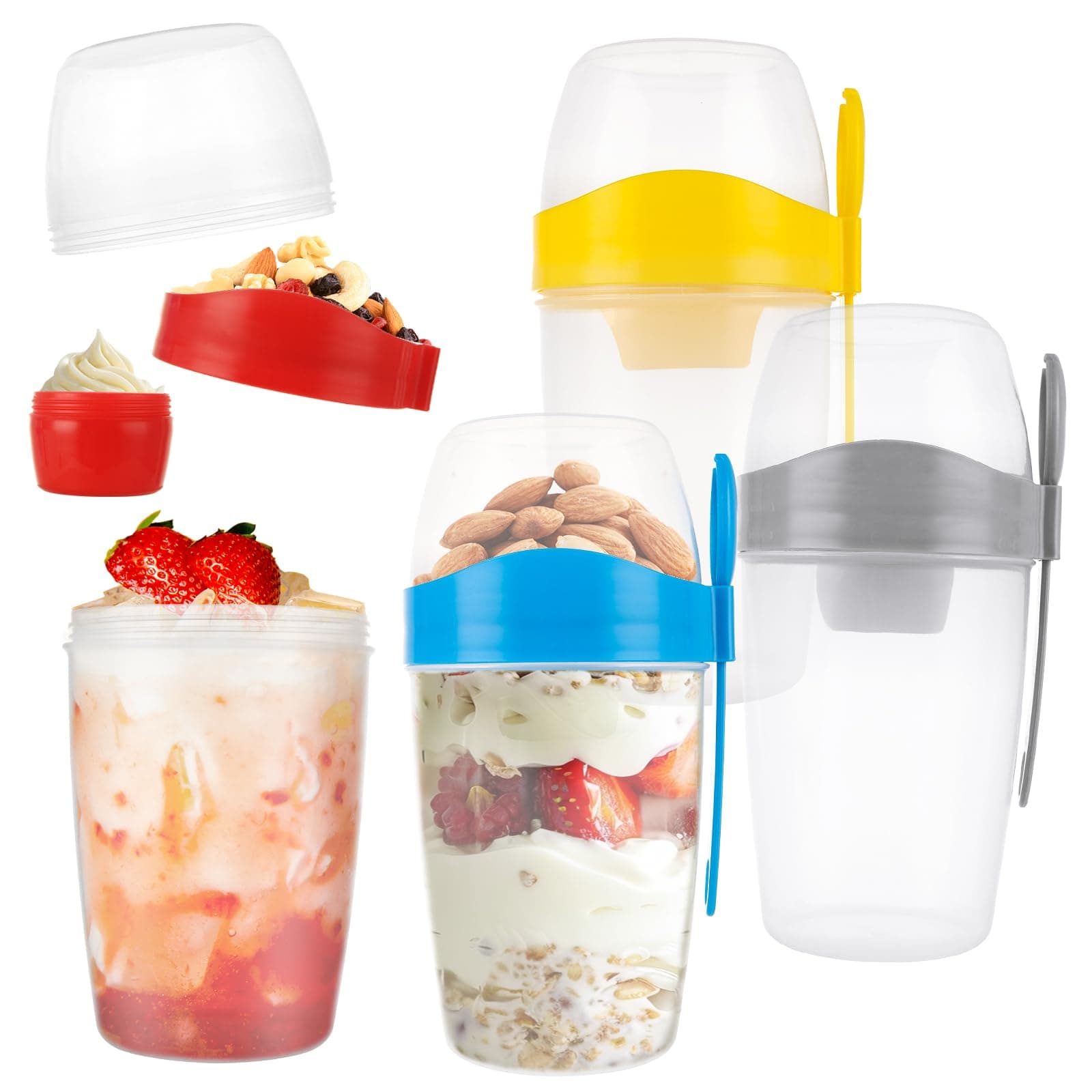 Abuff4 Pack On The Go 36 oz Breakfast Cups with Lids and Spoon, Reusable Portable Yogurt Cereal Cup with Topping Salad Dressing Holder Overnight Oats Snack Parfait Container for Travel, Gym, Office