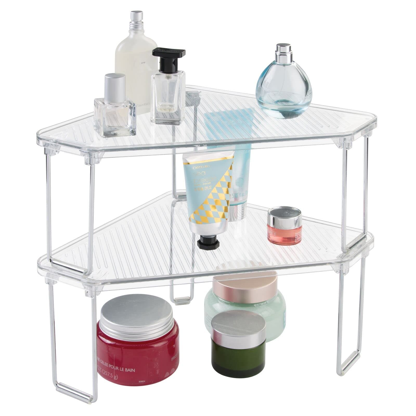 Plastic/Steel Corner Stackable Rack, Storage Organizer Shelf for Bathroom, Vanity, Countertop, Sink, Cabinet, Holds Makeup, Shower Accessories, Ligne Collection - 2 Pack - Clear
