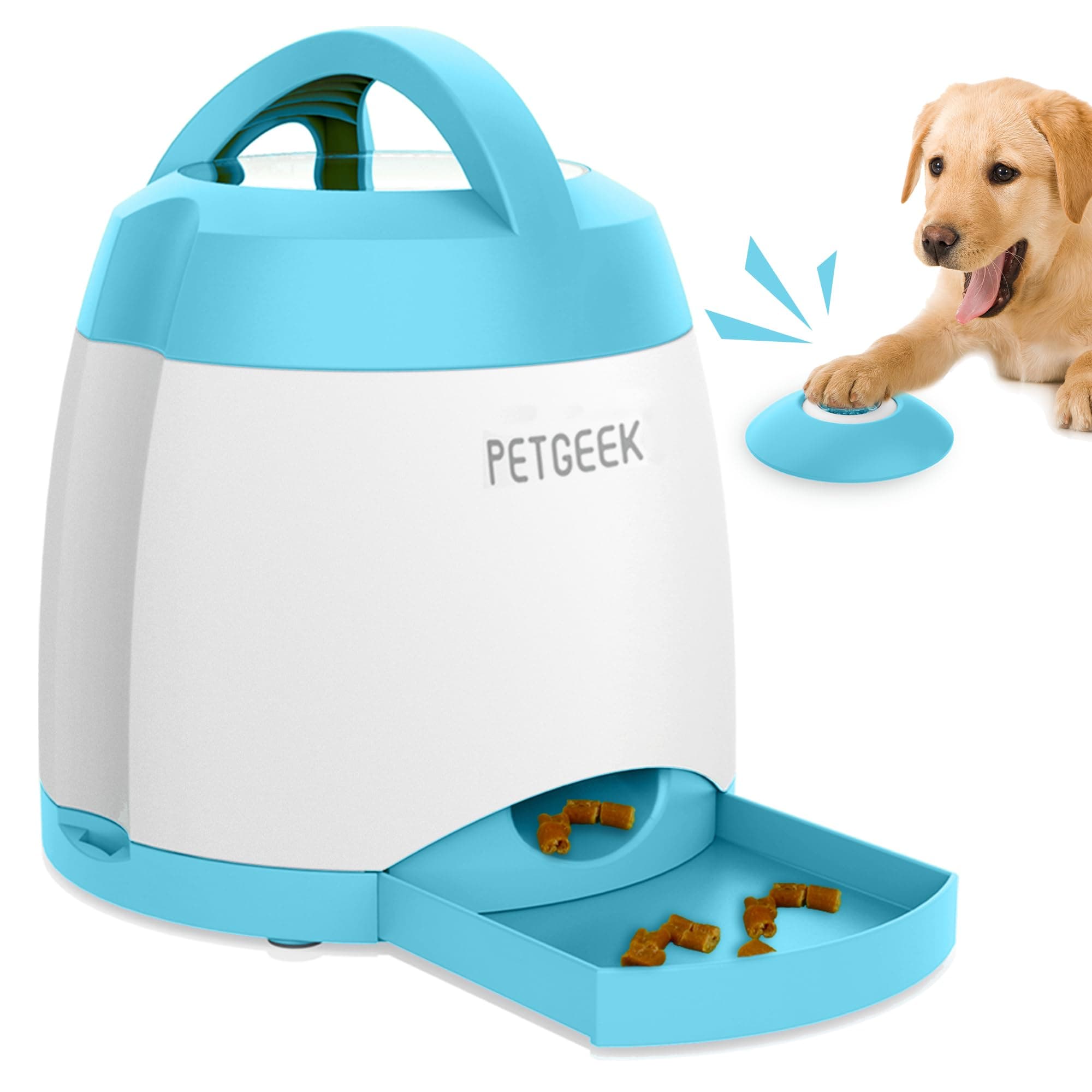 Automatic Dog Treat Dispenser with Button - Puzzle Memory Training Feeder, Pet Geek Button Treat Food Dispensing Toys Interactive, Iq Training Dog Feeder (Blue)